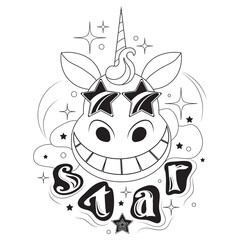 Cheerful happy unicorn wearing sunglasses with stars on his face and the word star underneath. Hand drawn black and white outline drawing. 