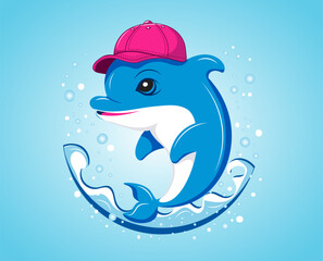 Cartoon cute blue dolphin in red baseball cap jumping out of the water with splashing and air bubbles. Playful design for logo, sticker, label. Vector image