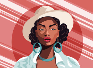Beautiful stylish woman in white hat and blue necklace earrings standing against red background. Portrait of an African American girl. Vector illustration 