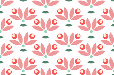 Simple seamless pattern of flowers with pink and green leaves and red berries on white background. Vector Illustration. Design wallpaper, packaging, wrapping paper, greeting card. 