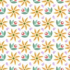 Simple seamless pattern of yellow flowers with green leaves and red berries on white background. Folk style motif. Vector illustration