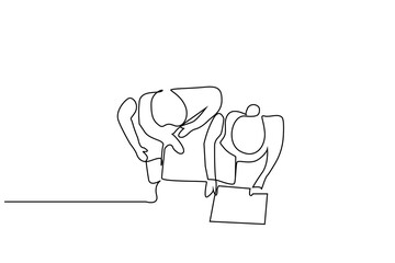 two business people talking office report overhead top view one line art design vector