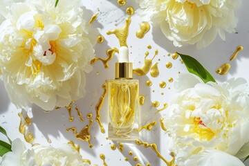 Gold Face Hydrating Beauty Serum Bottle With Splashes and Flowers