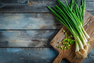 A cutting board on a wooden table, topped with fresh green onions