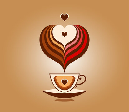Coffee cup with heart on it and swirls steam in a heart shape on top. Design for coffee shop, menu restaurant, logo. Vector illustration