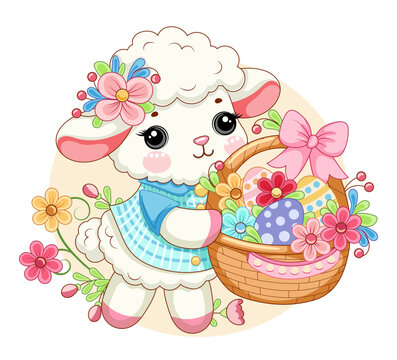 Easter sheep lamb wearing a blue shirt with basket of flowers against a backdrop of green grass. Clipart for greeting card, poster, postcard, birthday, easter. Vector illustration. 