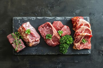Various cuts of raw meat arranged on a slate board with sprigs of parsley and thyme - obrazy, fototapety, plakaty