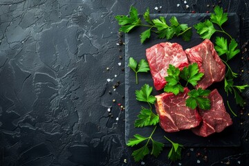 A flat lay of raw meat decorated with parsley leaves on a slate board