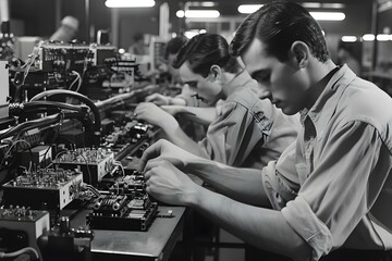 Workers in a factory assembling electronic components for automobiles. Concept Factory Workers, Electronic Components, Automobile Industry, Assembly Line, Manufacturing Process