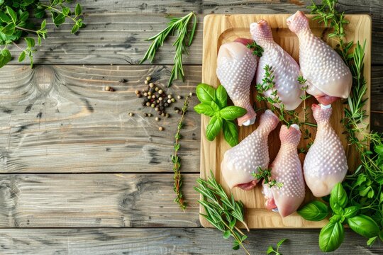 Raw chicken legs arranged on a wooden cutting board with fresh herbs and black pepper seasoning