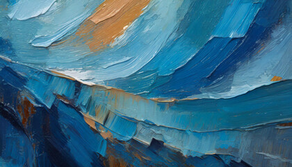 Blue background with oil paint. Beautiful close up brushstrokes. Detail of artistic abstract oil painted background. wonderful wallpaper; creation art design
