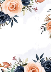 Fototapeta na wymiar Blue and peach modern wreath background invitation frame with flora and flower