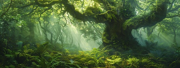 A lush green forest with a giant tree and ferns, perfect for a summer escape Generative AI