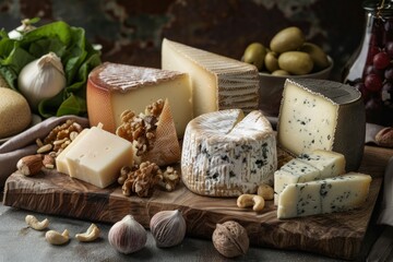 A variety of cheeses and nuts displayed on a cutting board