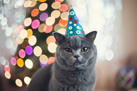 Black Fuzzy Cute Cat Wearing a Birthday Party Hat with Bokeh on Background