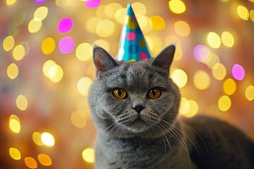 Black Fuzzy Cute Cat Wearing a Birthday Party Hat with Bokeh on Background