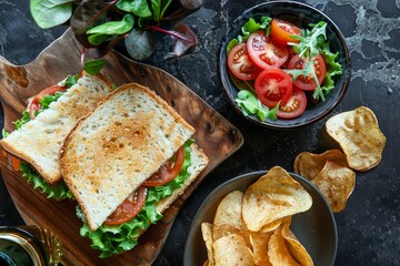 A sandwich with lettuce, tomatoes, and chips placed on a cutting board
