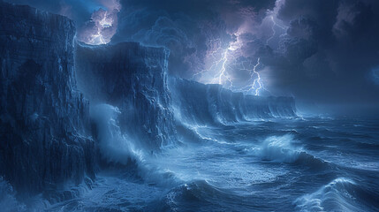 A powerful storm brewing over a vast ocean, with dark, rolling waves crashing against jagged...