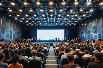 People in a cinema hall with rows of empty seats facing a large screen, highlighting an interior reminiscent of theaters and auditoriums for movies, seminars, and concerts