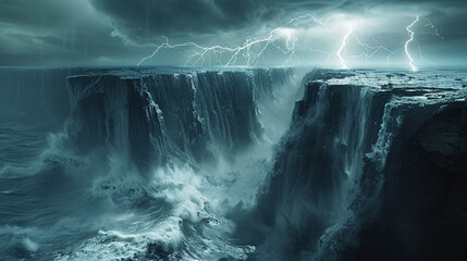 A powerful storm brewing over a vast ocean, with dark, rolling waves crashing against jagged...