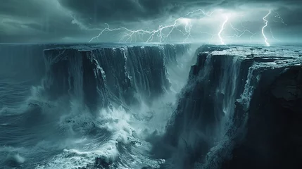 Papier Peint photo Brésil A powerful storm brewing over a vast ocean, with dark, rolling waves crashing against jagged cliffs. Lightning illuminates the sky in a dramatic flash, highlighting the fury of the storm.