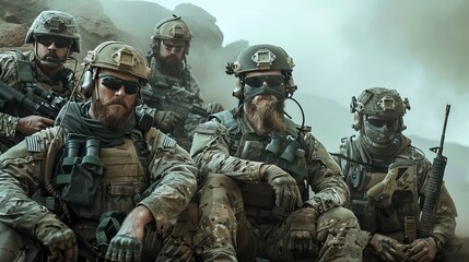 A group of weary soldiers with their damaged gear including Navy SEALs - obrazy, fototapety, plakaty