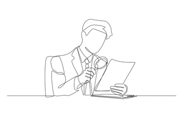 Continuous one line drawing of businessman using magnifying glass to check documents, document checking, budget analysis, contract validation concept, single line art.