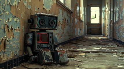 A lonely robot sits abandoned in the desolate halls of a former mental institution surrounded by peeling walls