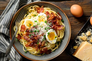 A plate filled with pasta topped with crispy bacon, fried eggs, and grated parmesan cheese