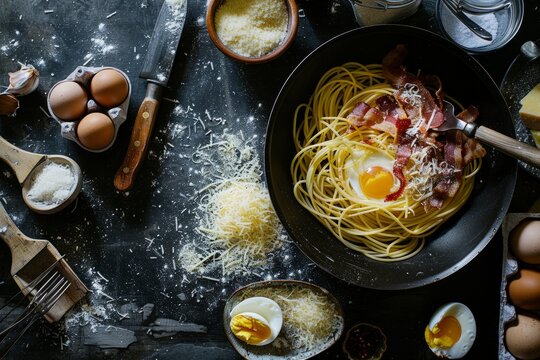 A pan filled with spaghetti and eggs on a table, ready to be cooked