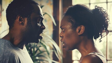 An African American couple in a heated argument their expressions capturing the intensity of a marriage problem - obrazy, fototapety, plakaty
