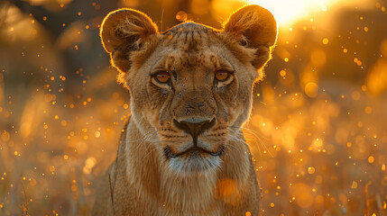 A majestic close-up portrait of a lioness, her golden fur illuminated by the warm glow of the...