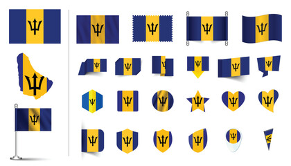 set of Barbados flag, flat Icon set vector illustration. collection of national symbols on various objects and state signs. flag button, waving, 3d rendering symbols