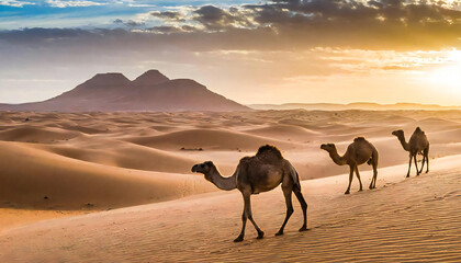 Image material of a camel walking in the desert. - obrazy, fototapety, plakaty