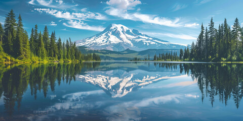Serene view of Mount Rainier and its reflection on a crystal-clear lake amidst verdant woods under a blue sky