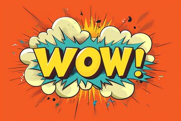 Speech Wow Bubble in pop style on orange background. Vintage Banner, poster and sticker
