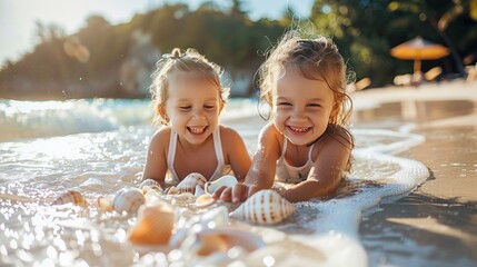 A candid snapshot capturing the pure joy of two little girls collecting seashells along the shore of a tropical beach - obrazy, fototapety, plakaty