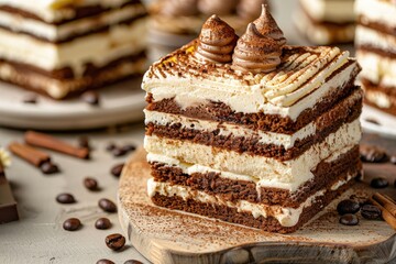 Cakes stacked with layers of coffee and cream in the center of each cake. There is cinnamon powder on top.