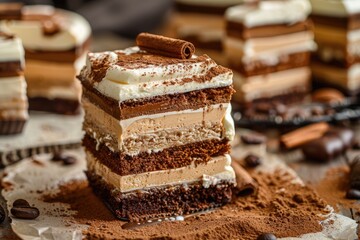 Cakes stacked with layers of coffee and cream in the center of each cake. There is cinnamon powder on top. - obrazy, fototapety, plakaty