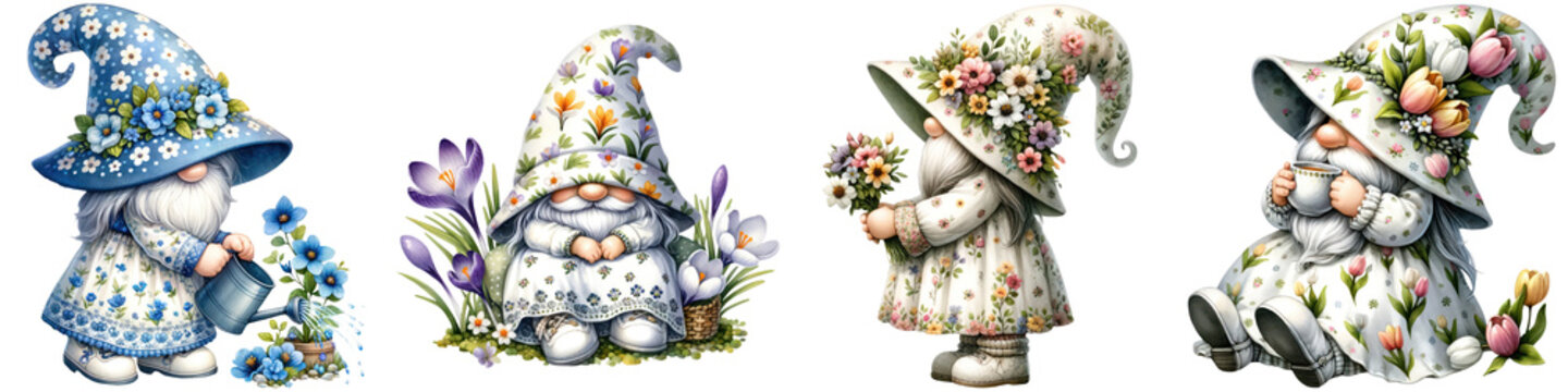 enchanting watercolor gnomes in a spring setting clipart png with vibrant floral attire, gnomes, watercolor, spring, clipart, png, floral, flowers, watering, tulips, cute, garden, blue, crocuses