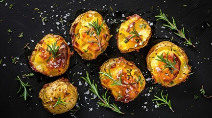 Crushed, smashed potatoes baked with rosemary and thyme. Black background. Top view. - obrazy, fototapety, plakaty