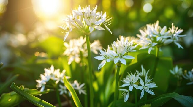 Medicinal herbs plants. Close up of blooming wild garlic. Allium ursinum in forest or garden in spring.