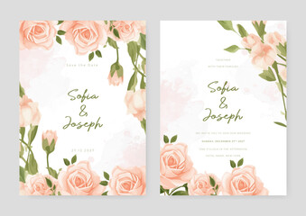 Peach rose floral wedding invitation card template set with flowers frame decoration