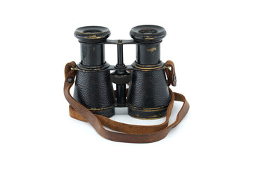 Binoculars with brown leather straps isolated on white