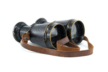 Binoculars with brown leather straps isolated on white