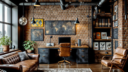 well-appointed industrial home office featuring a large wooden desk, exposed brick walls, and mid-century modern furniture, conveying a warm industrial aesthetic - Generative AI - obrazy, fototapety, plakaty