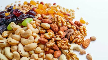 dried nuts and mixed dry fruit on white background