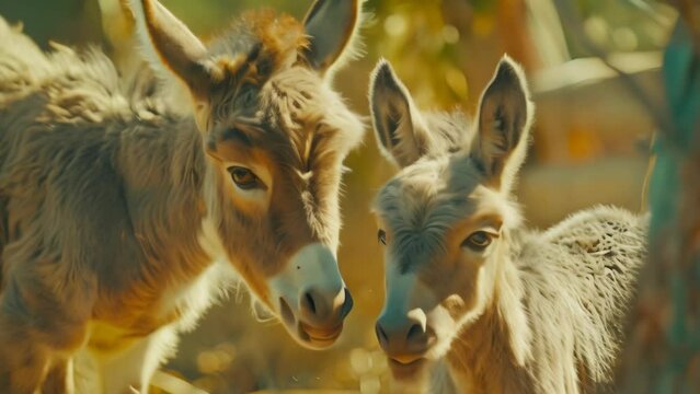Baby donkey nursing on farm. 4k video animation