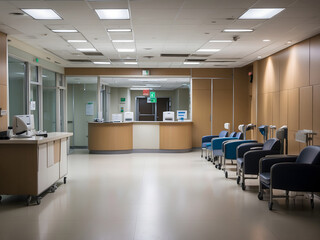 The hospital reception room is empty at night, with chairs for patients, a wheelchair, and a registration counter with computers and doors.