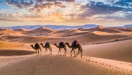 Fototapeta na wymiar 砂漠の中を歩くラクダのイメージ素材。Image material of a camel walking in the desert.